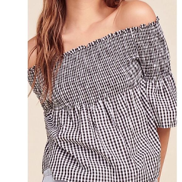 BB Dakota Top womens Sz Xs before the sunset Gingham Off the shoulder Smocked - Picture 1 of 8